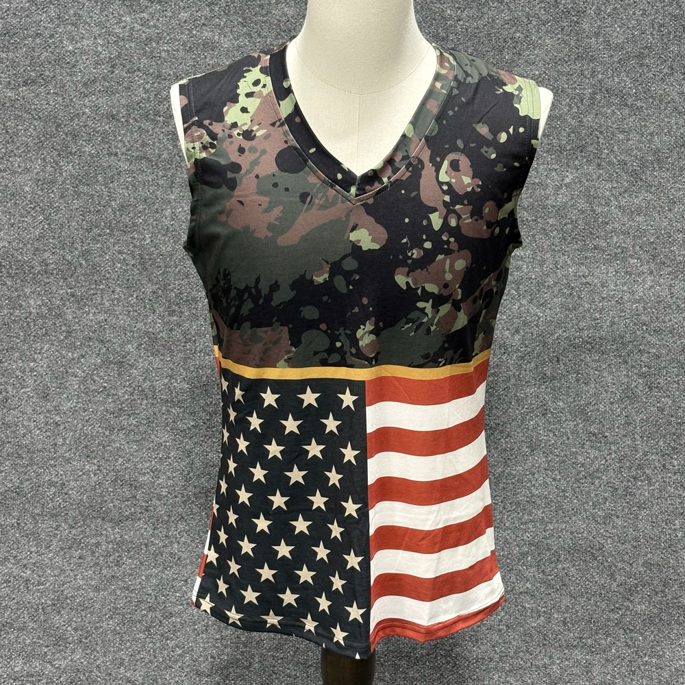 Camo American Flag Shirt Mens L V Neck Sleeveless Patriotic USA Graphic Tee